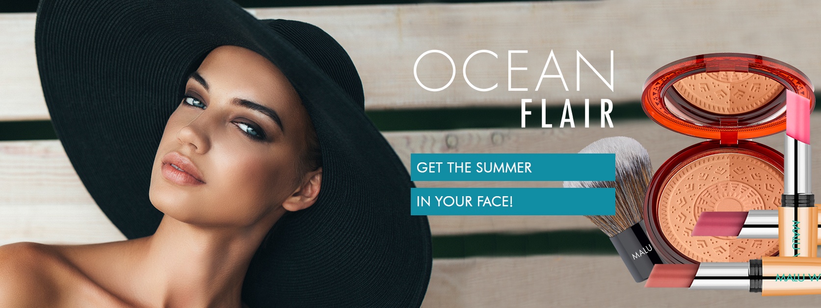 The new bronzing look Ocean Flair puts summer in the face! young woman with sun hat and bronzing make up