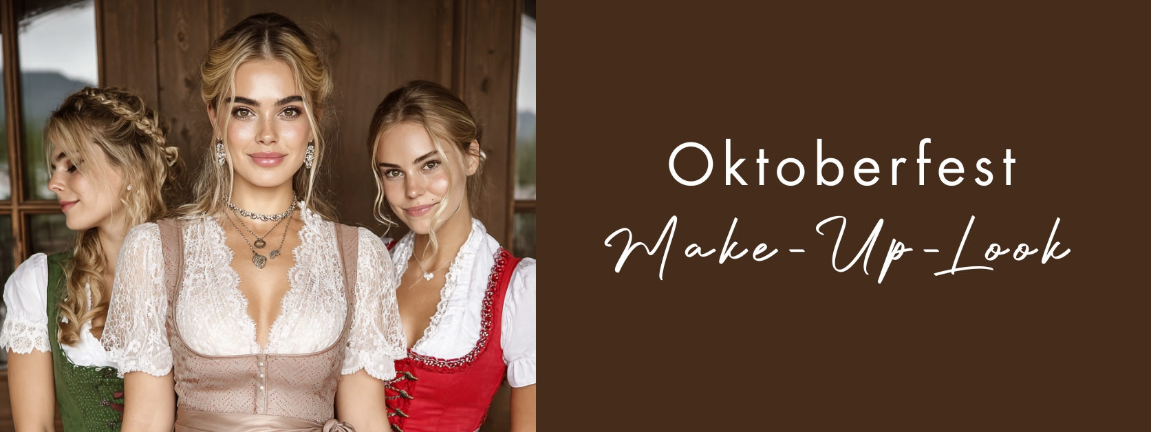 Der Oktoberfest Make-up Look mit strahlendem Effekt. drei junge Frauen mit Tracht gekleidet und Wiesn Make-Up