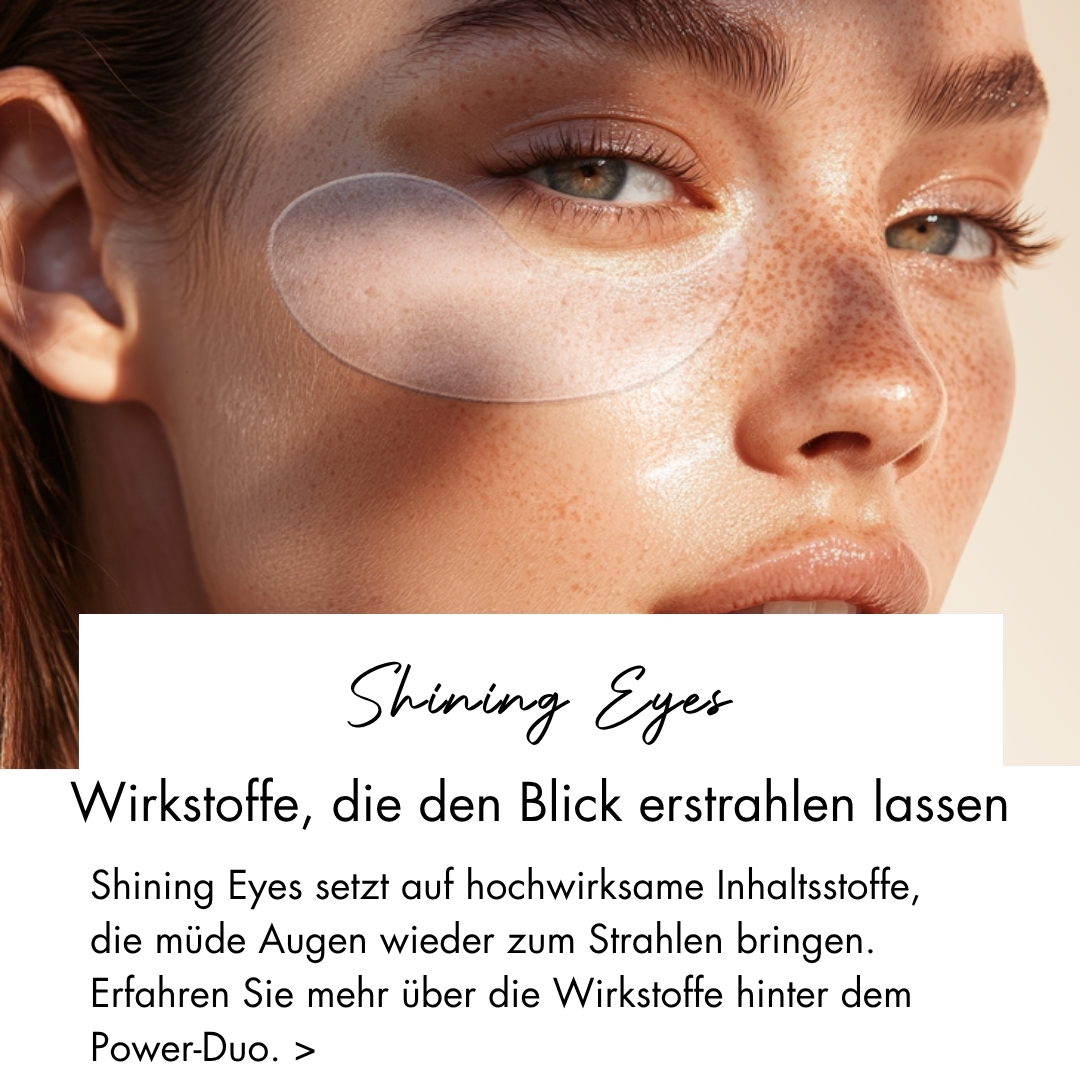 Frau mit Eye Pads und MALU WILZ Shining Eyes Produkten für die Augenpflege