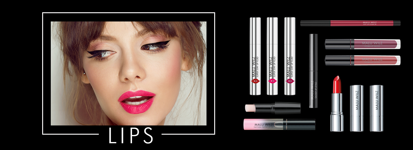 die Basis Lippen-Kollektion enthält zeitlose Topseller-Farben Porträt junger Frau mit Lippenstiften