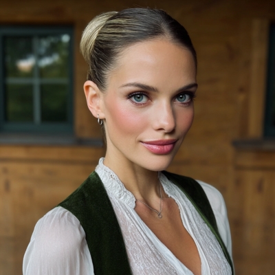 Fixingspray sorgt für perfekten, langanhaltenden Wiesn-Look Model in Tracht mit Wiesn-Make-up – Haltbarkeit durch Fixingspray