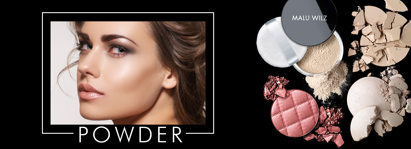POWDER & FINISH: ein Strahlen ohne zu Glänzen Porträt junger Frau mit Puder-Produkten