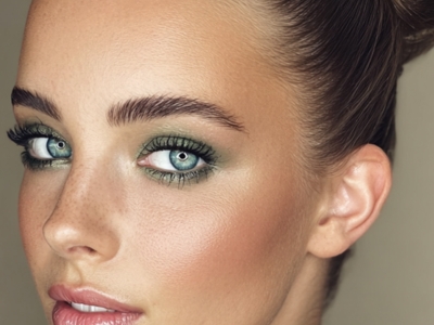 Ausdrucksstarke Augen mit grünem Schimmer Lidschatten Nahaufnahme Model mit schimmernden Lidschatten