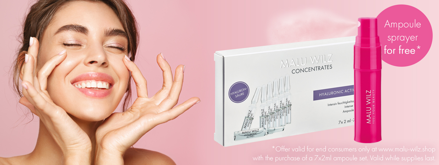 Woman holds her hands to her face, pink background, pink ampoule sprayer