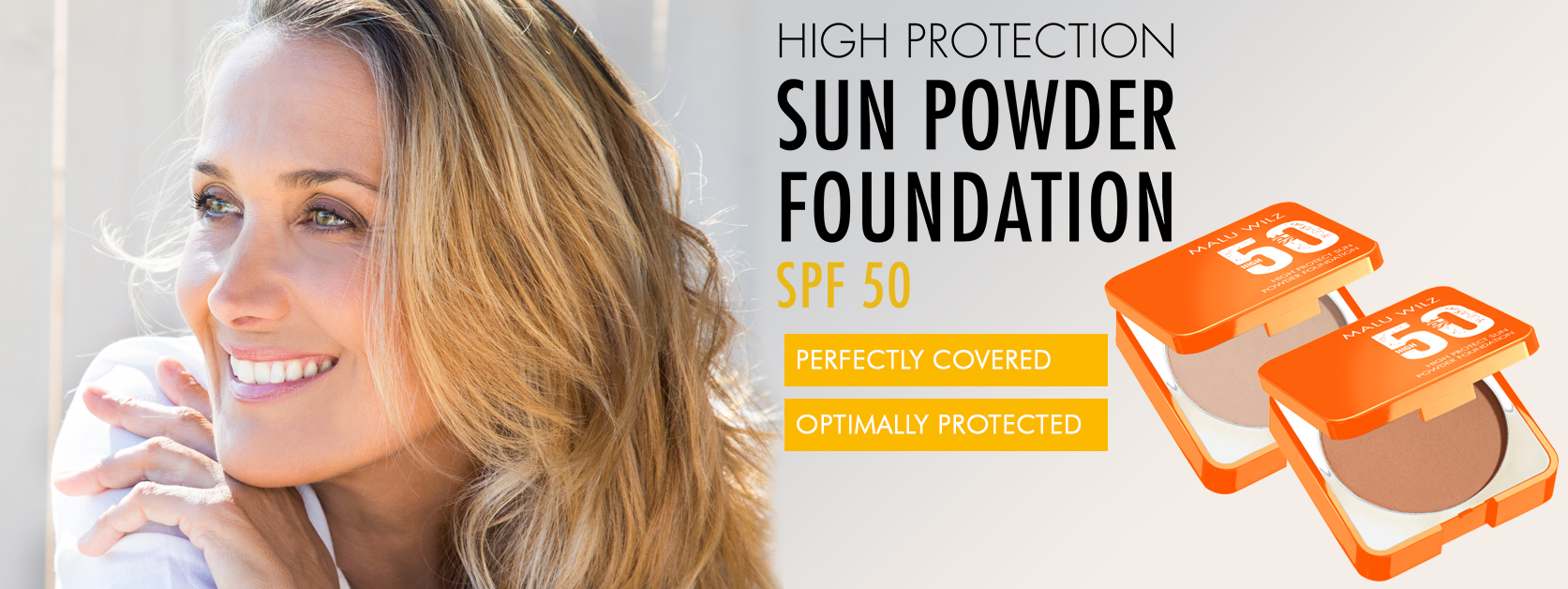 The new HIGH PROTECTION SUN POWDER FOUNDATION SPF 50 combines make-up and sun protection in one. Woman with Sun Powder
