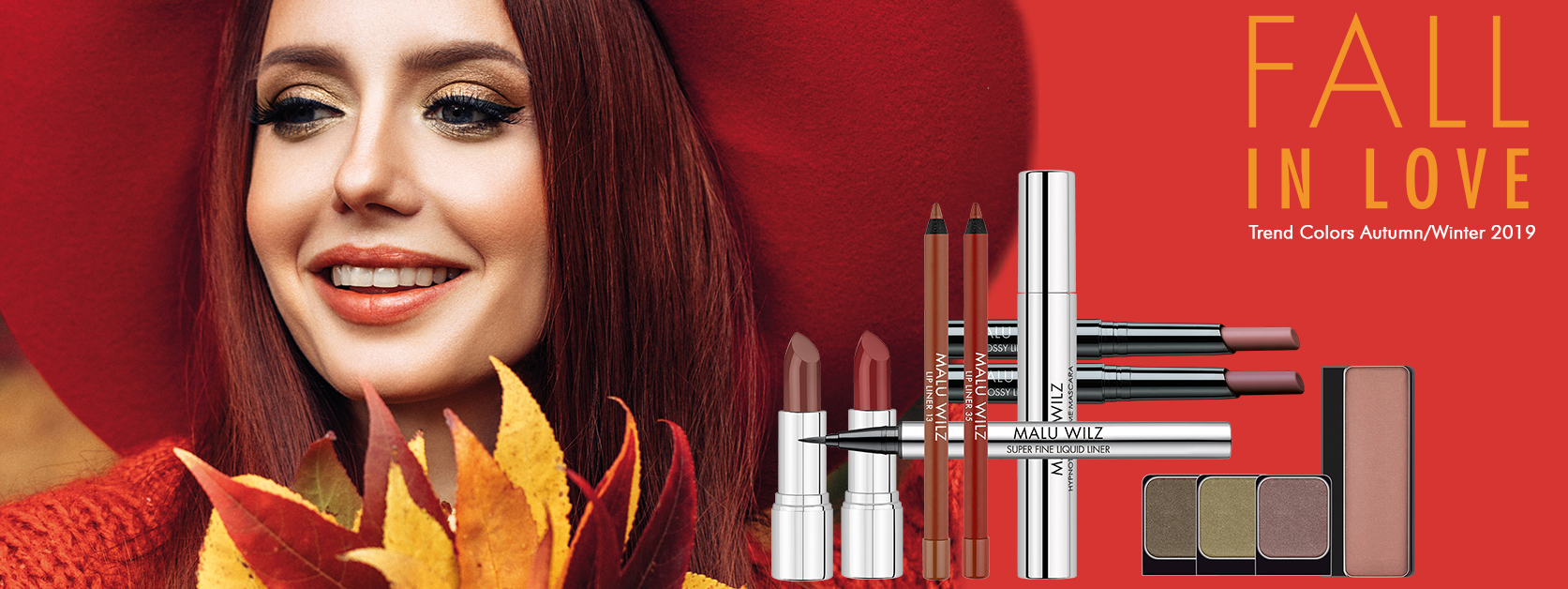 Fall in love with the romantic autumn collection Fall in Love. young woman with Make up products