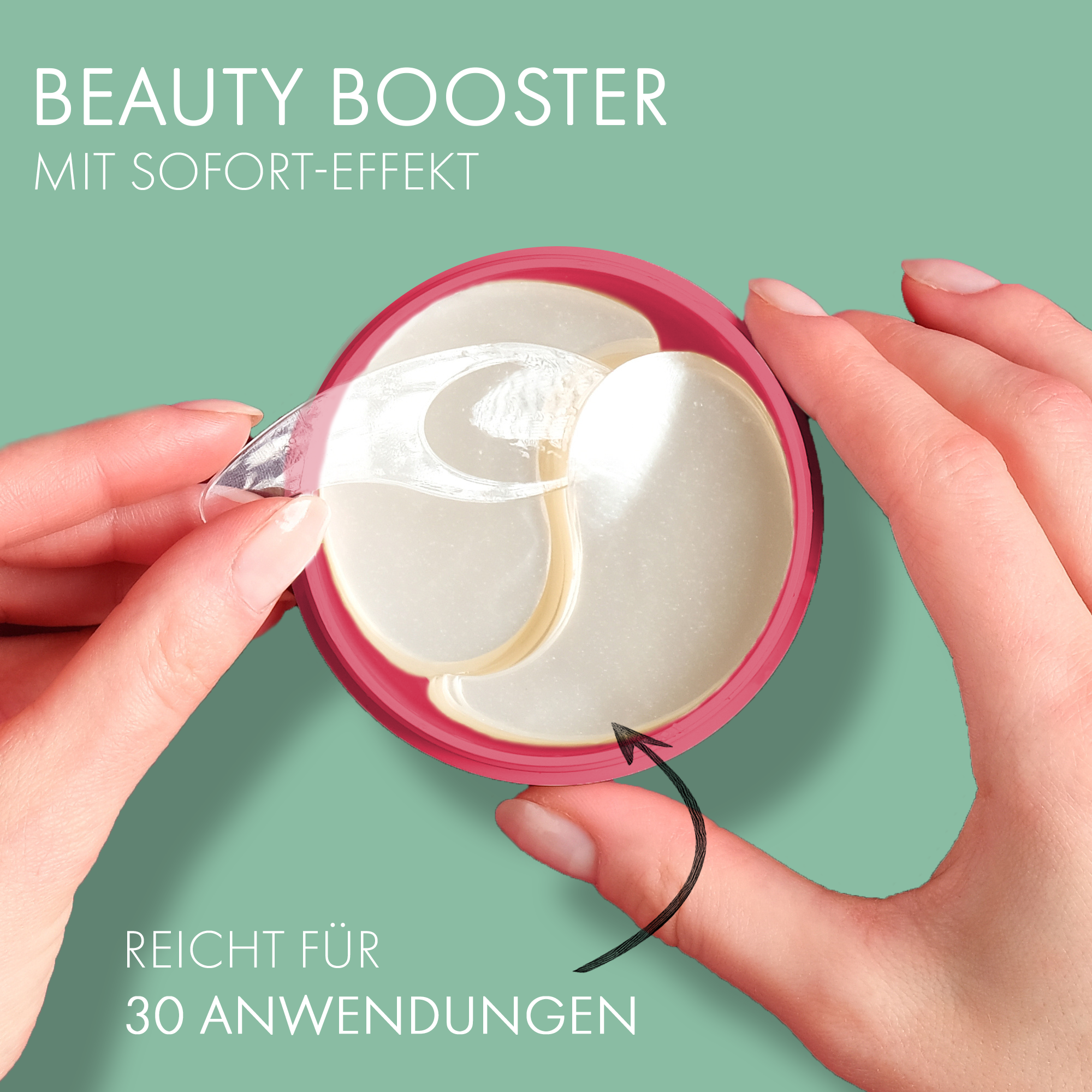 Enthalten sind 60 Eye Pads, ausreichend für 30 Anwendungen. Hände entnehmen Eye Pads aus einer Dose
