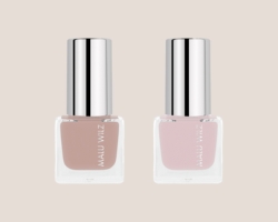 Quiet Luxury Nails: elegante Nude- und Roséfarben Zwei Nagellackflaschen in Nude- und Rosétönen mit silbernem Deckel