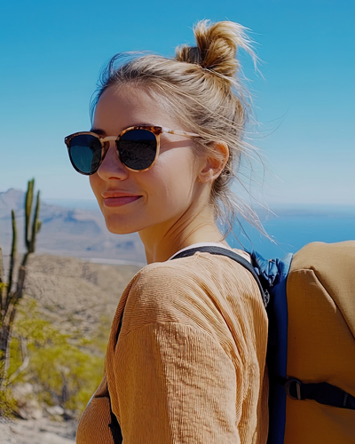 Frau mit Sonnenbrille und Rucksack in den Bergen, im Hintergrund Meer