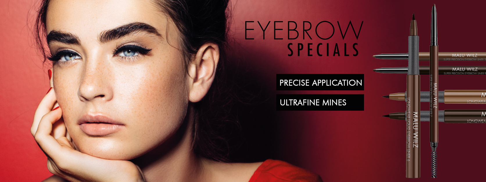 With the EYEBROW SPECIALS you get two new liners for perfectly defined eyebrows. young woman with make up products