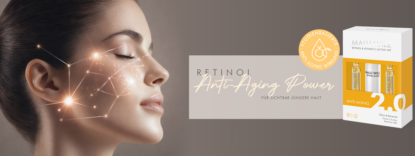 Frau mit braunen Haaren und Retinol Test Set