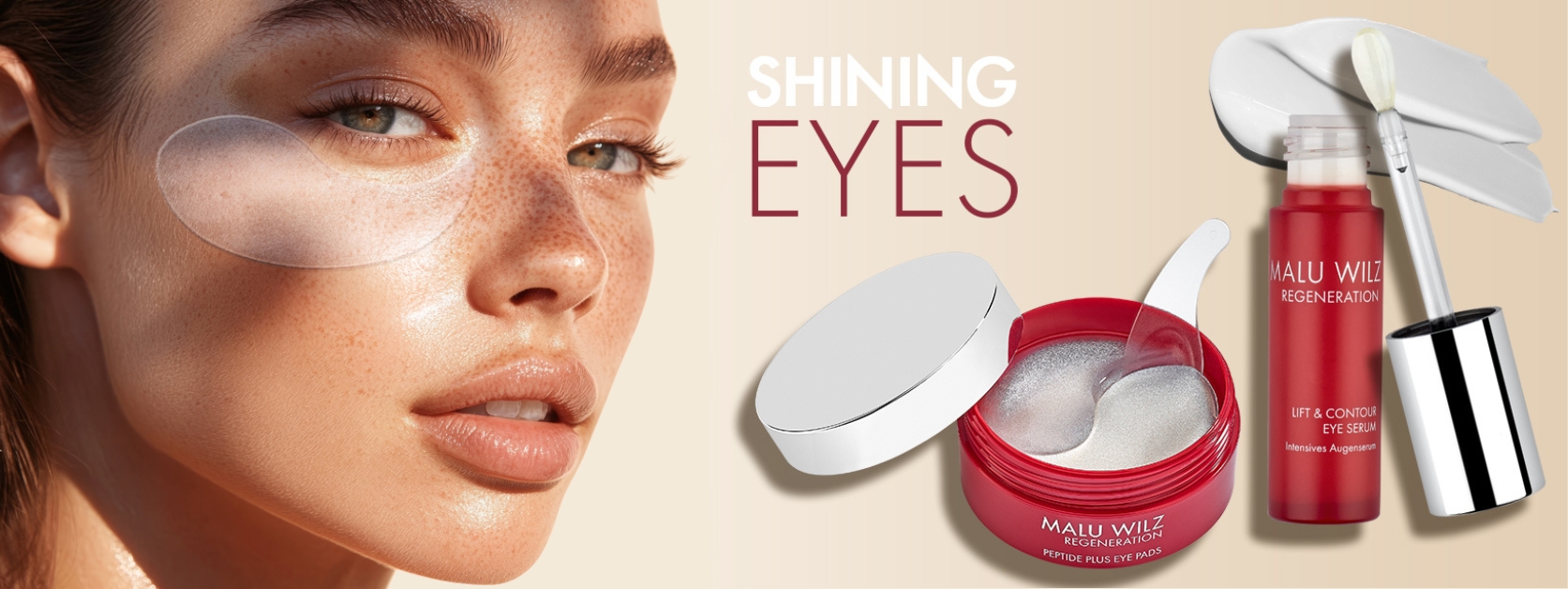 MALU WILZ Shining Eyes – Lift & Contour Eye Serum und Peptide Plus Eye Pads Frau mit Eye Pads und MALU WILZ Shining Eyes Produkten (Eye Serum und Eye Pads)