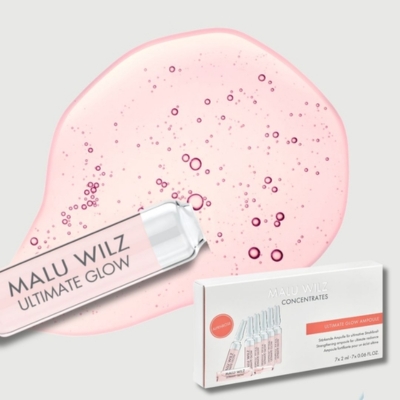 Ultimate Glow Ampoule – strahlender Teint dank Alpenrosen-Stammzellen MALU WILZ Ultimate Glow Ampulle mit roséfarbener Textur und Verpackung