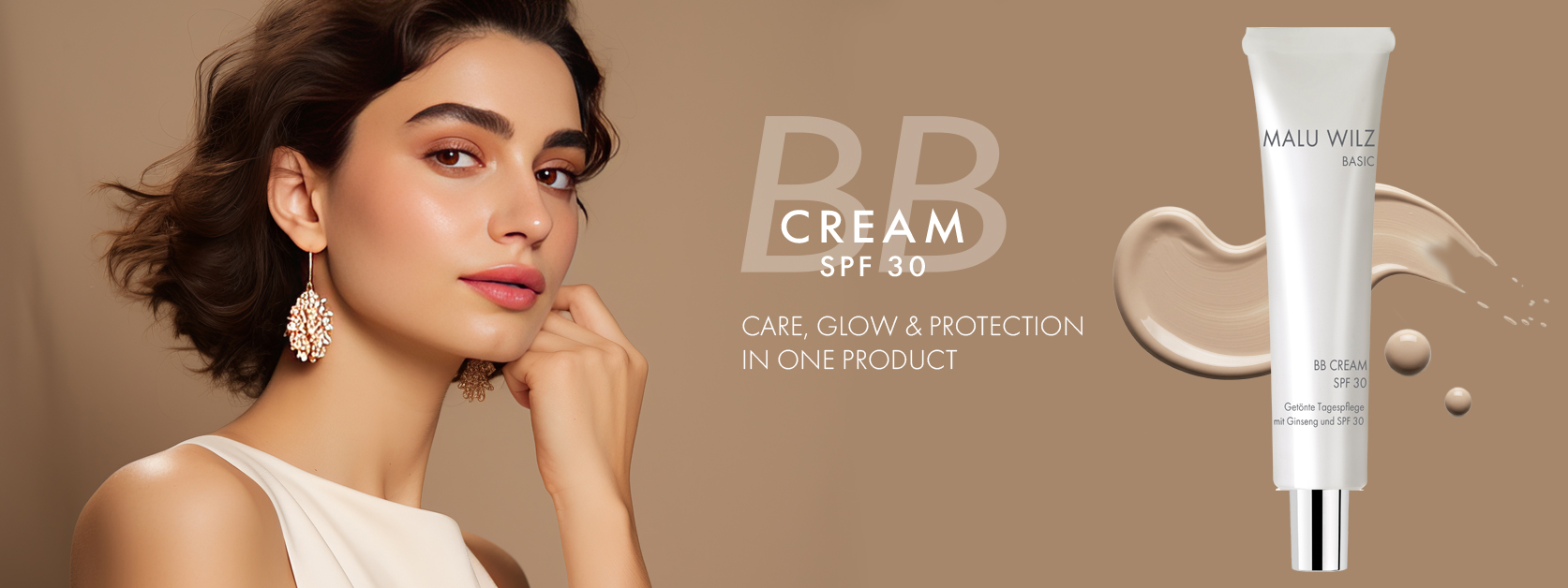 Discover your new 3-in-1 beauty product! young woman with large earring and BB cream