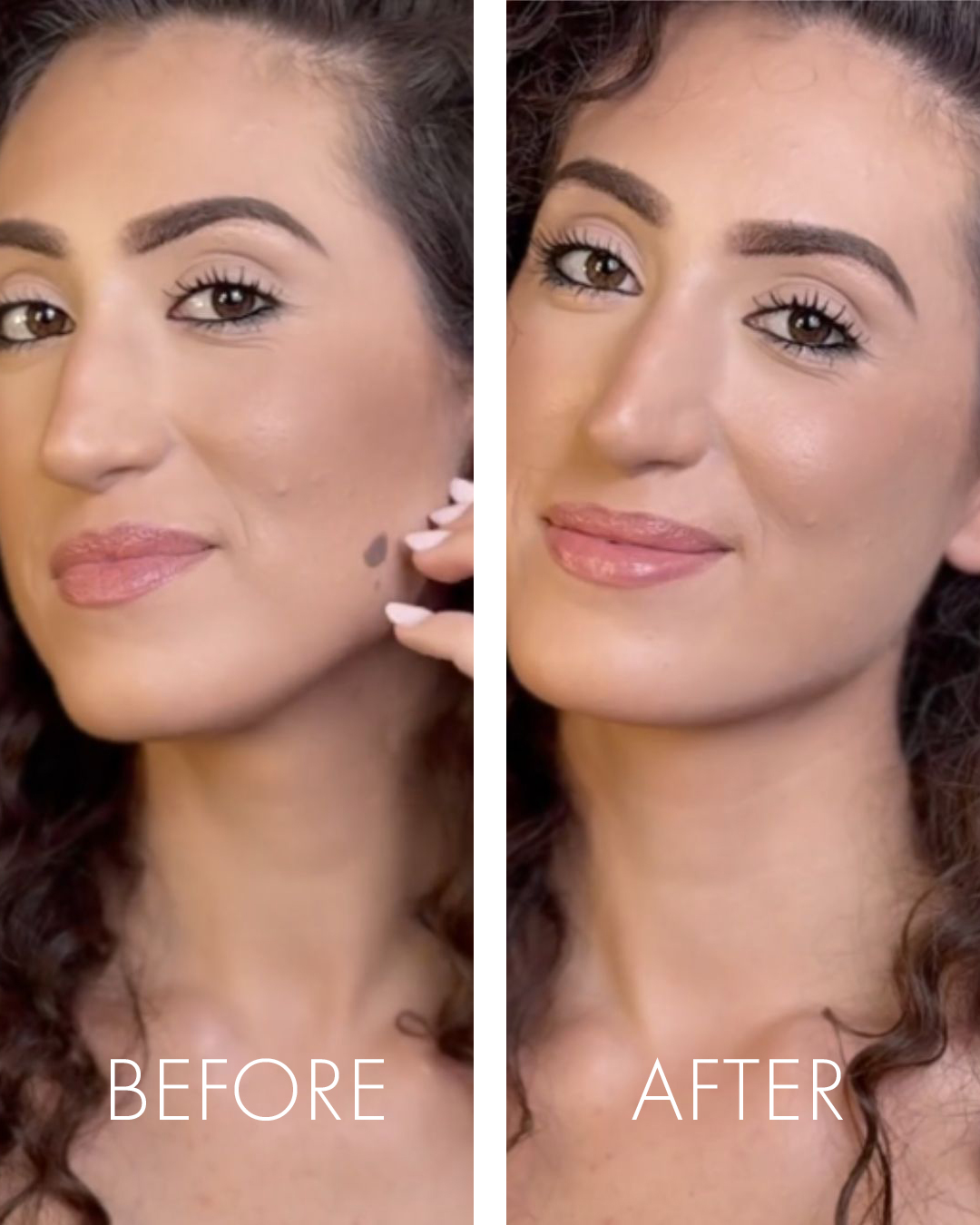 > It's so easy to use the Camouflage Cream. Before and after picture of a woman with a mole on her face