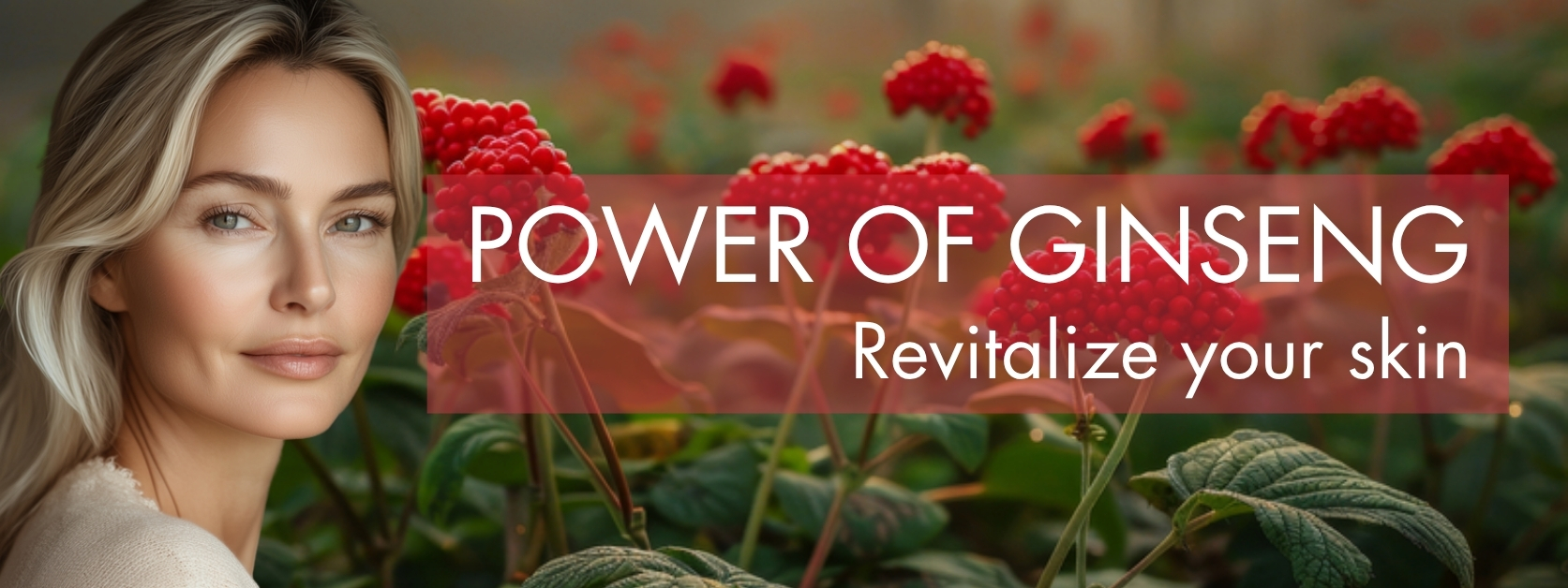 Power of Ginseng – revitalisierende Pflege Frau mit strahlender Haut vor rotem Blütenfeld – Power of Ginseng Kampagne
