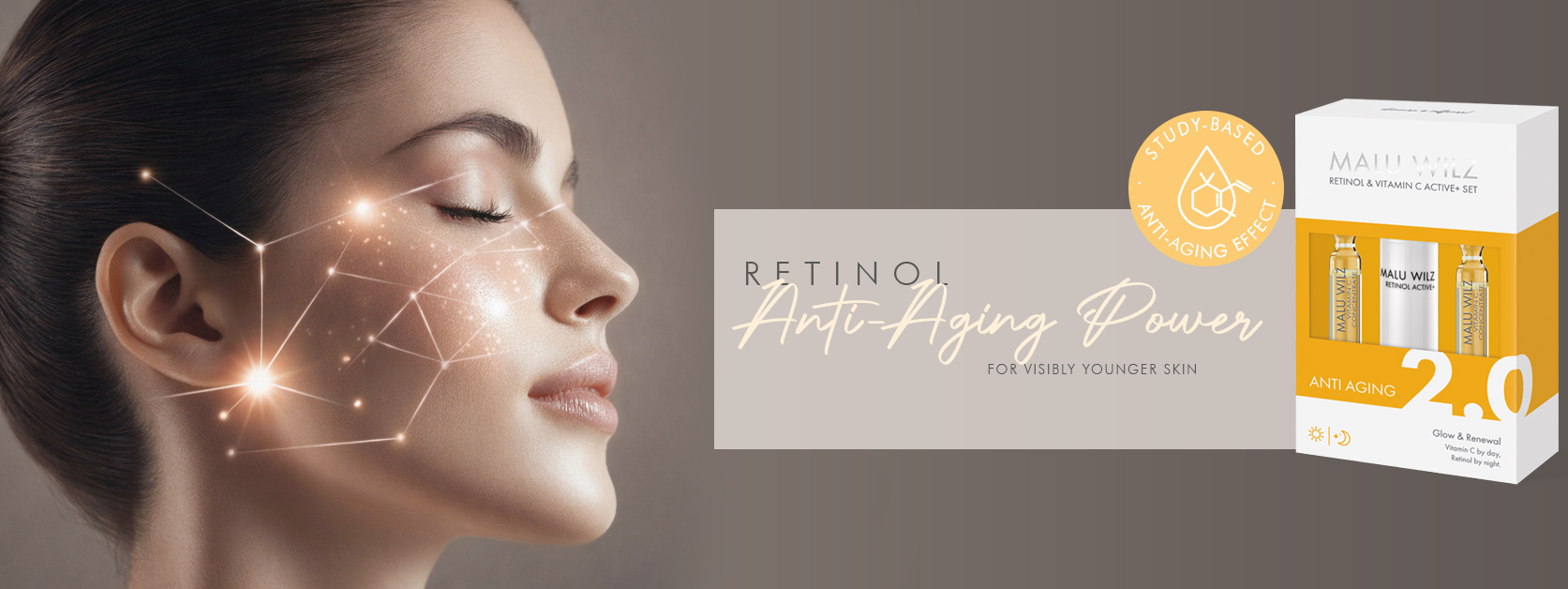 Woman with brown hair and retinol test set