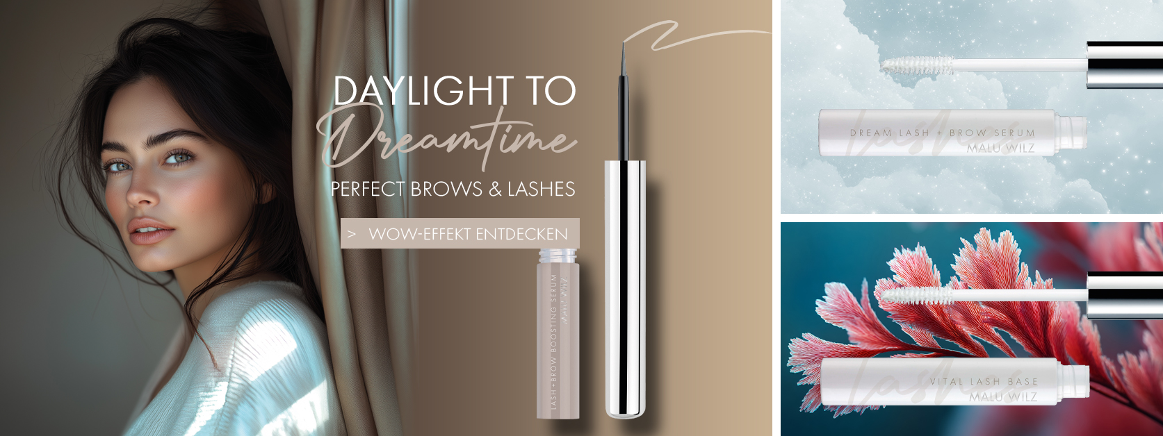 Brows & Lashes that wow Porträt Frau mit braunen Haaren und Lash und Brow Produkte