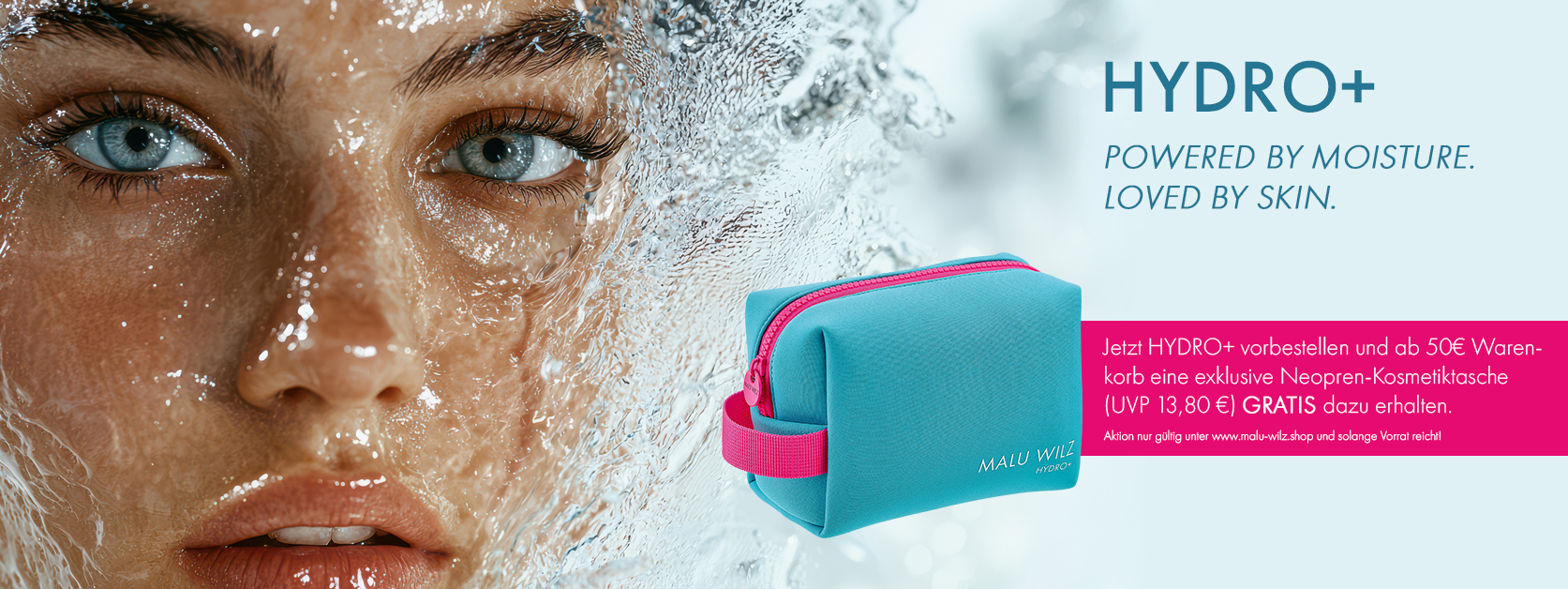 Frau mit Wasser im Gesicht und t&uuml;rkise Neopren-Tasche