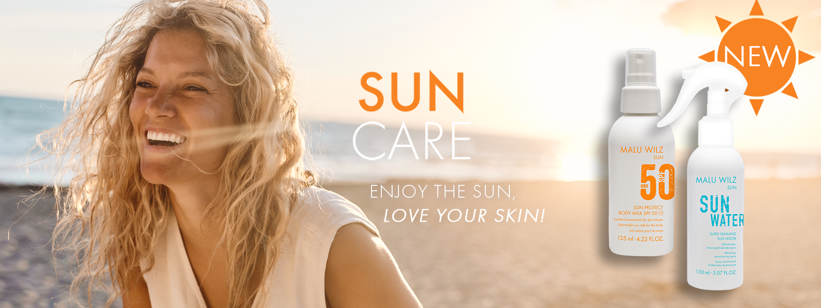 Model on the beach with sun care products