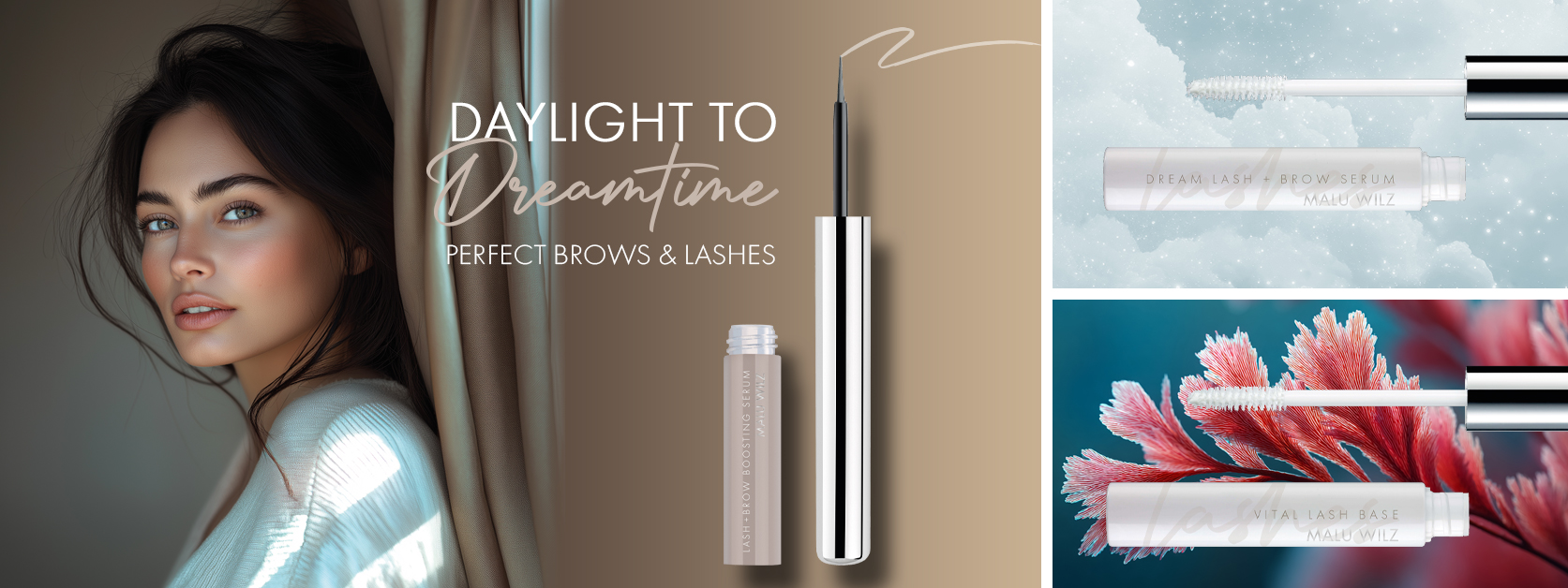 Brows & Lashes that wow Portrait of a woman with brown hair and lash and brow products
