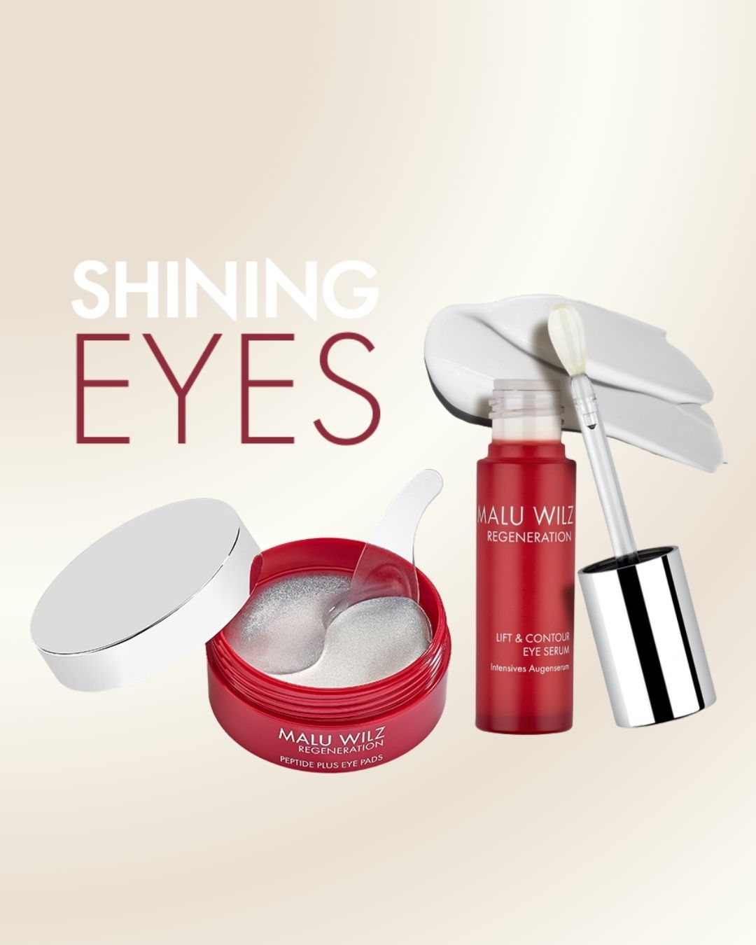 Eye Pads mit roter Dose und Eye Serum Applikator