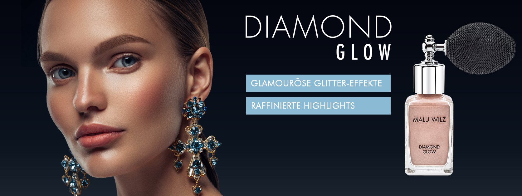 Der Diamond Glow setzt raffinierte Effekte auf Dekolleté, Armen oder Haaren. junge Frau mit Ohrringen und Glitzerpuder