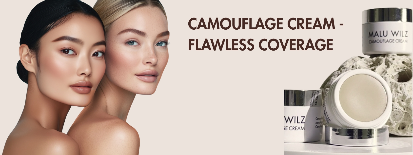 Flawless Coverage: Camouflage Cream für höchste Deckkraft Zwei Models mit makellosem Teint neben Camouflage Cream Produkt