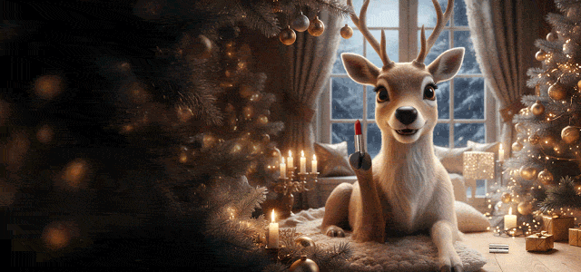 Rudolphine paints her nose red with red lipstick.