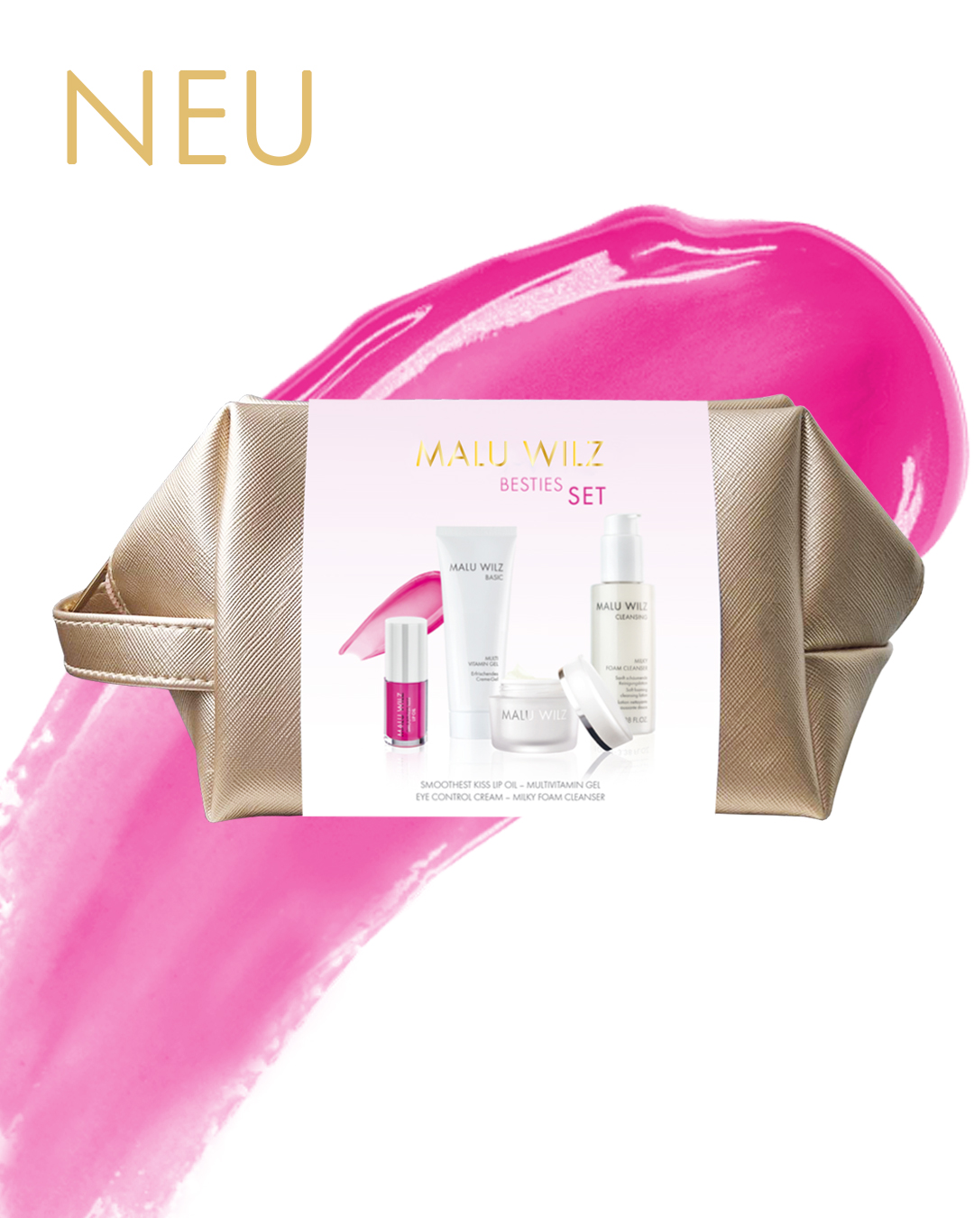 > Schenken Sie Freude und profitieren vom Preisvorteil! Goldene Kosmetiktasche mit Pflegeprodukten