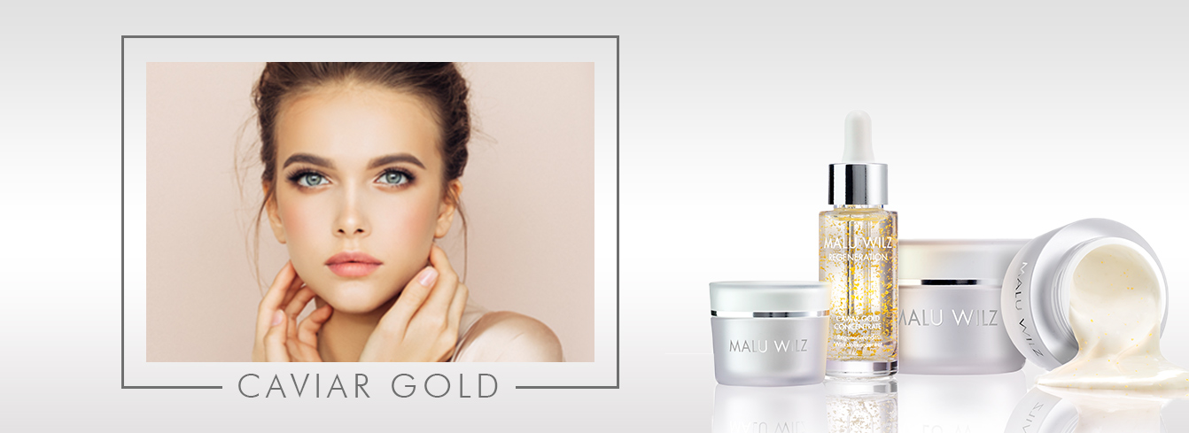 luxury active ingredients for demanding skin young woman with Caviar Gold products